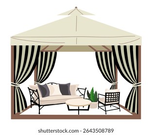 Vector illustration of a pergola with striped curtains, outdoor furniture including sofa, armchair, coffee table, and potted plant. Cozy patio design, isolated on white background.