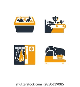 Vector illustration of perishable food cold chain logistics featuring insulated cooler box with fish and ice cubes, conveyor belt carrying fresh vegetables, cold storage room with hanging meat carcasses and snowflake, and vacuum packaging machine with cheese stack isolated on white background.