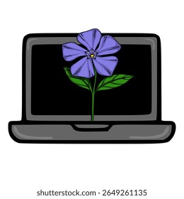 Ilustração vetorial de uma flor de caramujo florescendo a partir de uma tela de laptop, simbolizando o crescimento da natureza dentro da tecnologia.