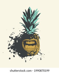 Vector illustration of a perky pineapple character with a grinning mouth. An emotional character. Summer banner with a sweet tropical fruit on a light background with abstract spots and stains