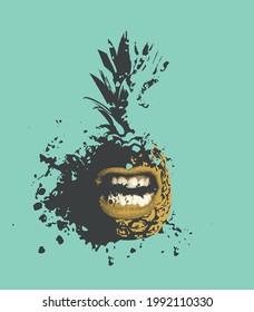 Ilustración vectorial de un personaje de piña perky con una boca sonriente. Un personaje emocional. Pancarta de verano con fruta tropical dulce y manchas abstractas de estilo granulado sobre fondo esmeralda