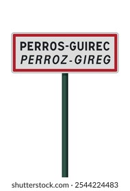 Vector illustration of the Perros-Guirec, France (Perroz-Gireg in Breton) city entrance road signs on metallic post