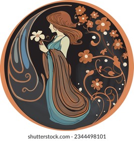 Ilustración vectorial de Persephone, estilo Art Nouveau dibujado a mano, circular con fondo negro