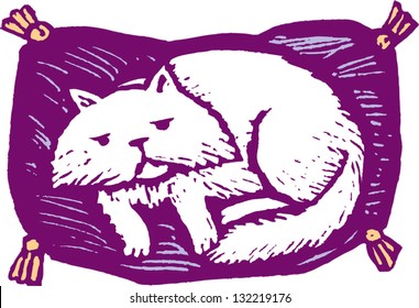 Vector Illustration Of Persian Cat Lying On A Fancy Pet Bed