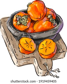 Vector illustration with persimmon, pieces of persimmon on a wooden kitchen board