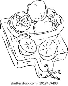 Vector illustration with persimmon, pieces of persimmon on a wooden kitchen board