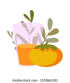 Vector illustration of persimmons and a glass of juice on a white background. Fruit for design in flat style.