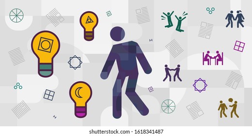 vector illustration of person with active character and moving fast overcoming obstacles symbols