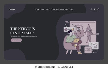 Ilustração vetorial de uma pessoa analisando um mapa do sistema nervoso digital em um notebook. A cena inclui ícones representando várias emoções e um diagrama anatômico humano.