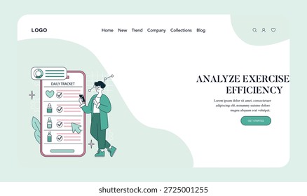 Ilustración vectorial de una persona que analiza la eficacia del ejercicio utilizando un App de seguimiento de la aptitud. El diseño incluye Elementos de seguimiento diario y contenido motivacional para los entusiastas de la salud y el fitness.