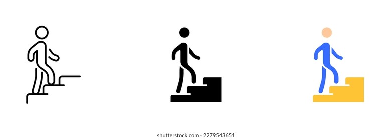 A vector illustration of a person ascending stairs or steps. This graphic can be used to represent themes related to exercise. Vector set of icons in line, black and colorful styles isolated.