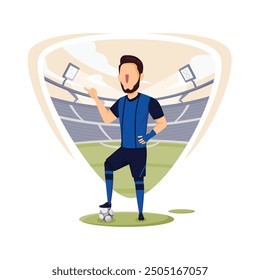 Vector Illustration of a Person in Blue Sports Kit Standing on Grass with Soccer Ball, Gesturing Hand, Abstract Stadium Lights, and Silhouette of Crowd in Background