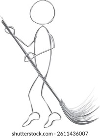 vector illustration of a person with a broom in wireframe style