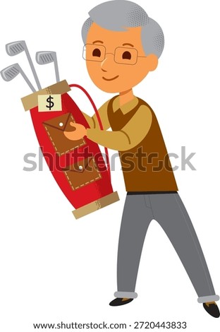 A vector illustration of a person carrying a red golf bag filled with clubs, wearing glasses and a brown vest, depicting golfing, sports equipment, and potential purchase or sale of golf gear.
