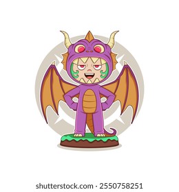 Vector illustration of a person character wearing a dragon costume in a cute cartoon style, suitable for screen printing on clothes, cute stickers, acrylic key chains, etc.