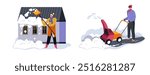 Vector illustration of a person clearing snow from the roof and a person using a snow blower on the sidewalk. Flat and colorful style, isolated on white background. Perfect for winter outdoor themes.