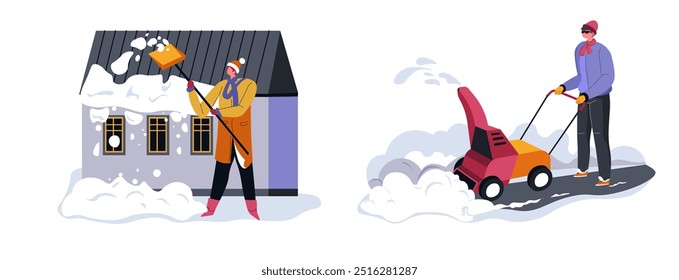 Ilustração vetorial de uma pessoa limpando a neve do telhado e uma pessoa usando um soprador de neve na calçada. Estilo plano e colorido, isolado no fundo branco. Perfeito para temas exteriores de inverno.