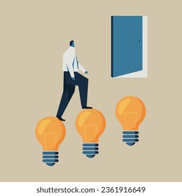 Vector illustration of a person climbing up a light bulb to find a door.