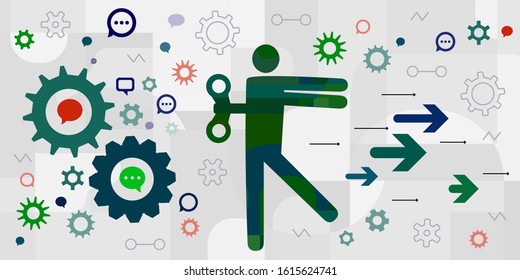 vector illustration of person with clockwork mechanism toy character and gear working symbols