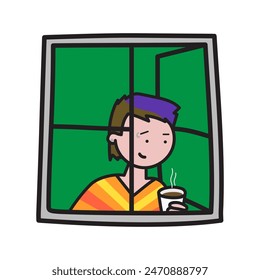 Vektorillustration mit Person mit Kaffee im Fenster