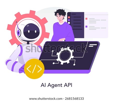 Vector illustration of a person collaborating with an AI agent on a coding project. The image highlights the interaction between technology and human, emphasizing teamwork and innovation.