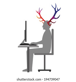 vector illustration person at computer with colored horns