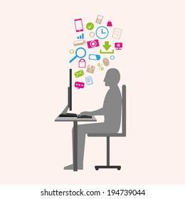 vector illustration person at computer with colorful icons