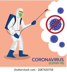 Vector illustration of a person coronary injection (Covid-19) 
sanitizing spray, 
texted below. stop sign on a pink background