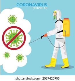 Ilustración vectorial de la inyección coronaria de una persona (Covid-19) 
pulverización sanitizante, 
a continuación. detener la señal en un fondo azul