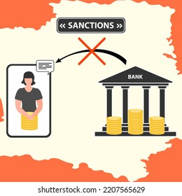 Vector illustration Person could not send or receive money due to sanctions. Financial bans, blocking of economic bank accounts. Withdrawal restrictions Money crisis. Political, economic measures