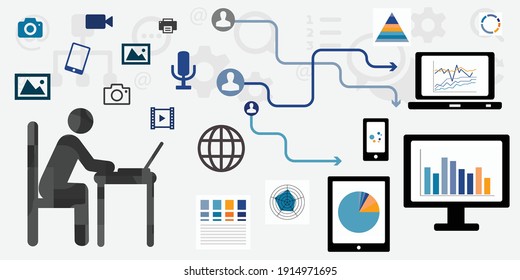 vector illustration of person creating visual content and sharing it on social media 