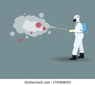 vector illustration person disinfecting spaces during covid-19 deadly virus spread.