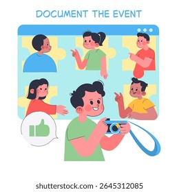 Vector illustration of a person documenting an online event with a camera. Multiple participants are seen interacting on a computer screen, showing lively engagement and positivity.