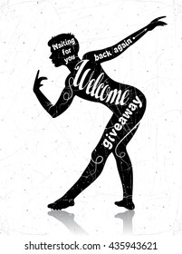 Vector illustration of person does a curtsey. Lettering composition. Phrase: Welcome! Waiting for you back again.