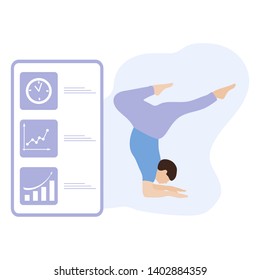 Vector illustration with person does yoga exercise, yoga pose and display with yoga app. Yoga for everyone. Healthy lifestyle. Balance training. Design for app, websites, print, presentation.