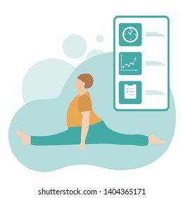 Vector illustration with person does yoga exercise, yoga pose and display with yoga app. Yoga for everyone. Healthy lifestyle. Balance training. Design for app, websites, print, presentation.