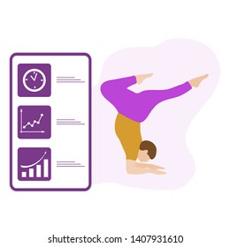 Vector illustration with person does yoga exercise, yoga pose and display with yoga app. Yoga for everyone. Healthy lifestyle. Balance training. Design for app, websites, print, presentation.