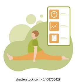 Vector illustration with person does yoga exercise, yoga pose and display with yoga app. Yoga for everyone. Healthy lifestyle. Balance training. Design for app, websites, print, presentation.
