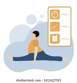 Vector illustration with person does yoga exercise, yoga pose and display with app.   Healthy lifestyle. Balance training. 