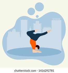 Vector illustration with person does yoga exercise, yoga pose on background of the cityscape. Yoga for everyone. Healthy lifestyle. Balance training. Design for app, websites, print, presentation