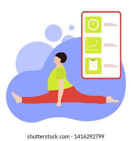 Vector illustration with person does yoga exercise, yoga pose and display with yoga app. Yoga for everyone. Healthy lifestyle. Balance training. Design for app, websites, print, presentation.