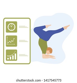 Vector illustration with person does yoga exercise, yoga pose and display with yoga app. Yoga for everyone. Healthy lifestyle. Balance training. Design for app, websites, print, presentation.