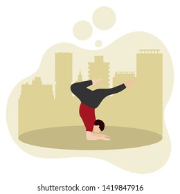 Vector illustration with person does yoga exercise, yoga pose on background of the cityscape. Yoga for everyone. Healthy lifestyle. Balance training. Design for app, websites, print, presentation