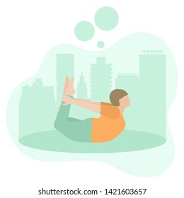 Vector illustration with person does yoga exercise, yoga pose on background of the cityscape. Yoga for everyone. Healthy lifestyle. Balance training. Design for app, websites, print, presentation