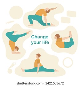 Vector illustration with person does yoga exercise, yoga pose on background of the yoga accessories. Healthy lifestyle. Balance training. Design for app, websites, print, presentation