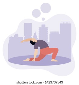 Vector illustration with person does yoga exercise, yoga pose on background of the cityscape. Yoga for everyone. Healthy lifestyle. Balance training. Design for app, websites, print, presentation