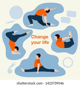 Vector illustration with person does yoga exercise, yoga pose on background of the yoga accessories. Healthy lifestyle. Balance training. Design for app, websites, print, presentation
