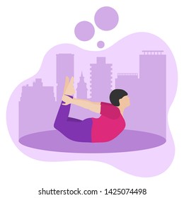 Vector illustration with person does yoga exercise, yoga pose on background of the cityscape. Yoga for everyone. Healthy lifestyle. Balance training. Design for app, websites, print, presentation