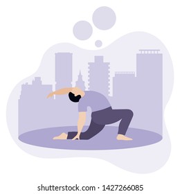 Vector illustration with person does yoga exercise, yoga pose on background of the cityscape. Yoga for everyone. Healthy lifestyle. Balance training. Design for app, websites, print, presentation
