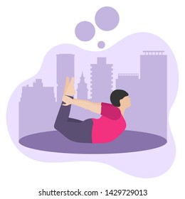 Vector illustration with person does yoga exercise, yoga pose on background of the cityscape. Yoga for everyone. Healthy lifestyle. Balance training. Design for app, websites, print, presentation